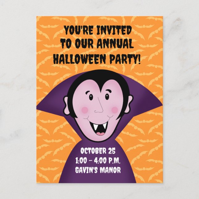 Cute Vampire Dracula Halloween Party Invite Postcard (Front)