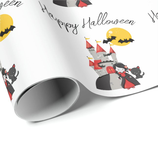 Cute Vampire Girl and Haunted Castle Halloween Wrapping Paper (Roll Corner)