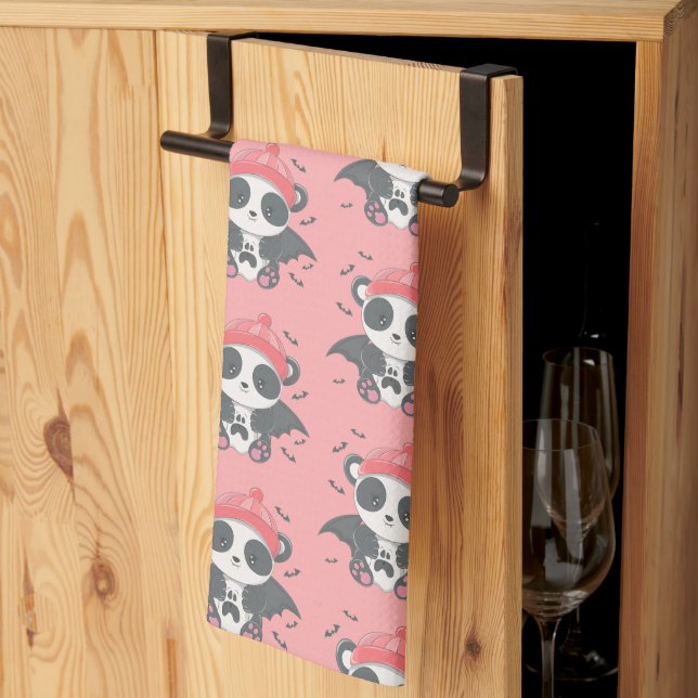 Cute Vampire Panda Bats Ghost Pink Halloween Tea Towel (Thirds Fold)