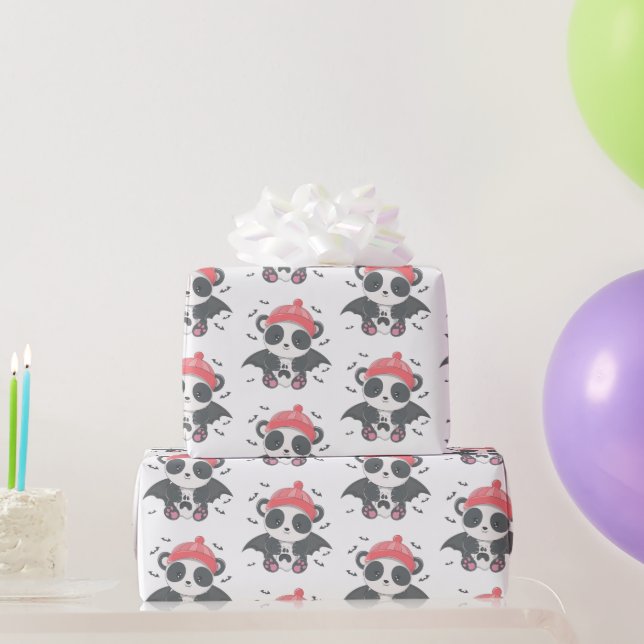 Cute Vampire Panda Bats Ghost White Halloween Wrapping Paper (Party Gifts)