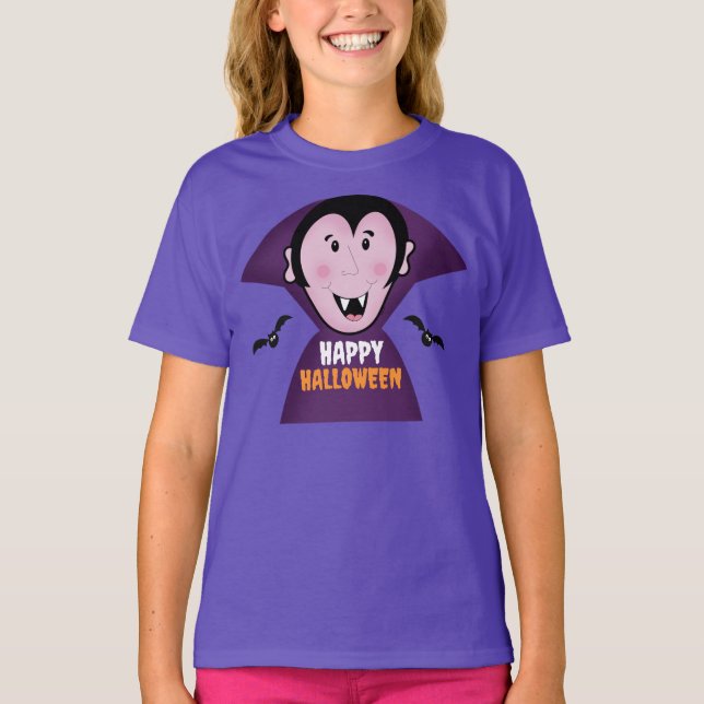 Cute Vampire with Bats Dracula Halloween T-Shirt (Front)
