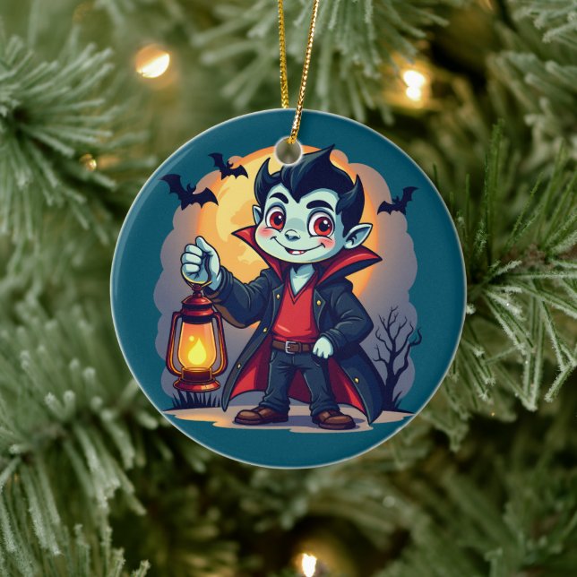 Cute Vampire with Lantern Kawaii Halloween Ceramic Tree Decoration (Tree)