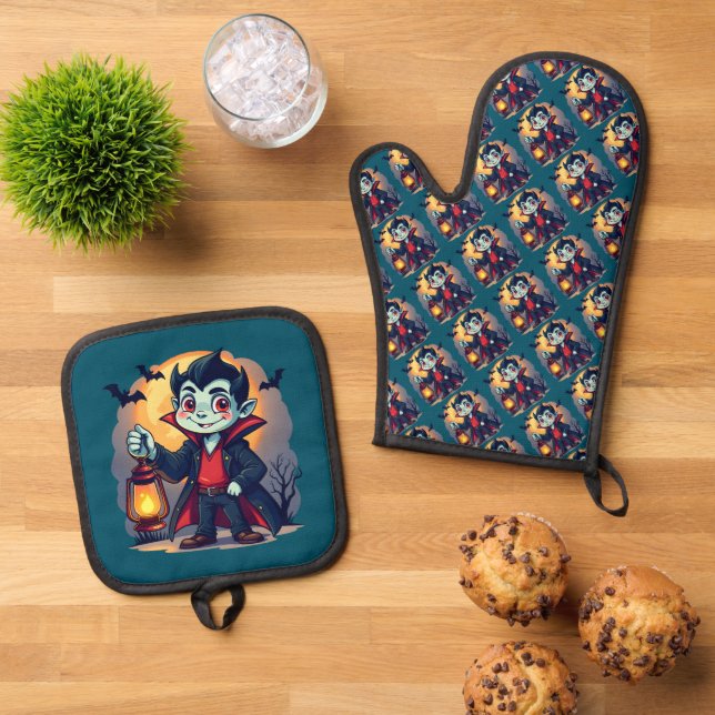 Cute Vampire with Lantern Kawaii Halloween Oven Mitt & Pot Holder Set (Top Down)