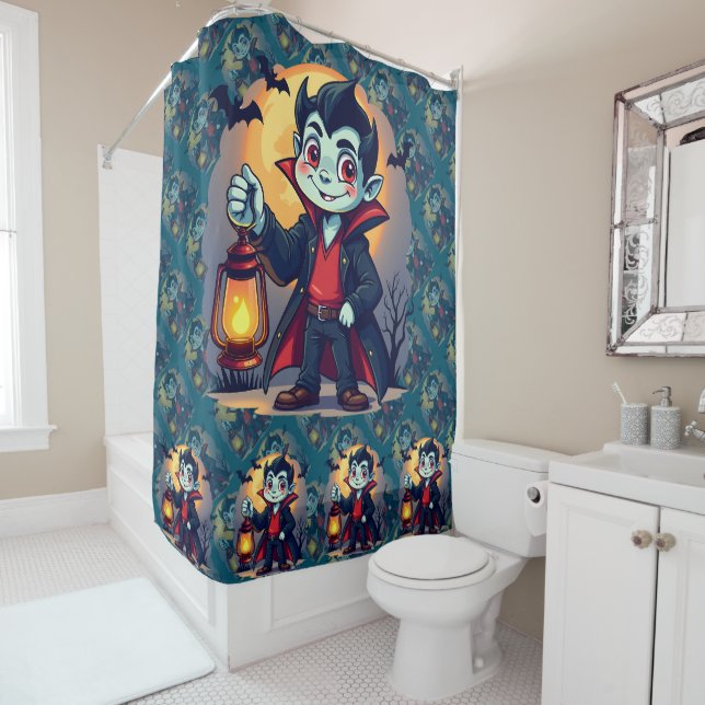 Cute Vampire with Lantern Kawaii Halloween Shower Curtain (In Situ)