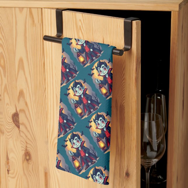 Cute Vampire with Lantern Kawaii Halloween Tea Towel (Thirds Fold)