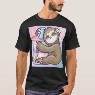 Cute vaporwave art kawaii hugging sloth boba milk T-Shirt