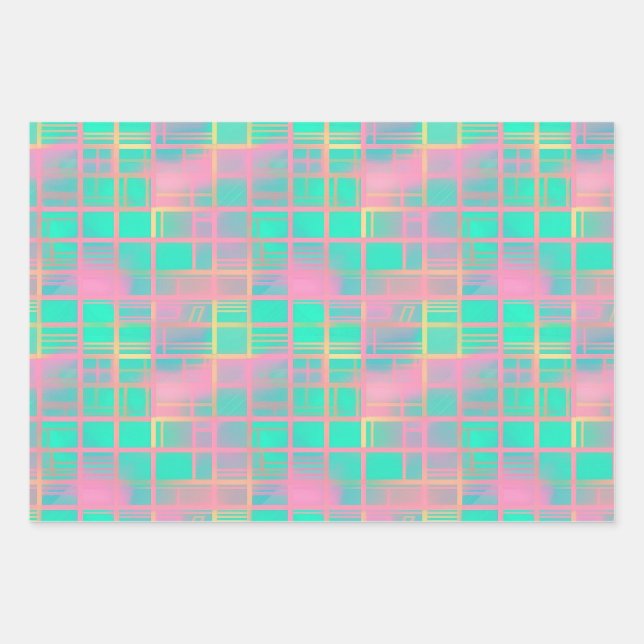 Cute Vaporwave Poolcore Pink Cyan Grid Pattern Wrapping Paper Sheet (Front)