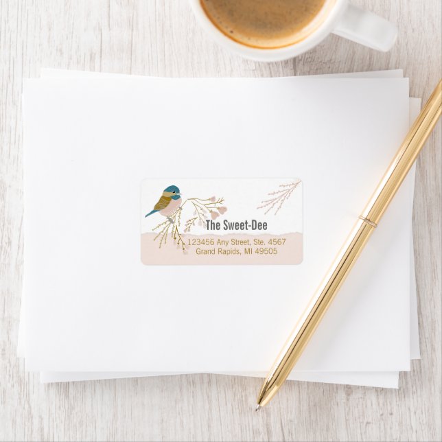 Cute Vector Pink Gold Chickadee Bird Hearts Label (Insitu)