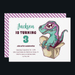 Cute Velociraptor In Box Kids Dinosaur Birthday Invitation<br><div class="desc">Cute design for kids,  boys or girls who love dinosaur,  dino cartoon,  T-rex and other dinosaur species. Perfect for Jurassic theme birthday party. You can customise the wording to fit other occasions.</div>
