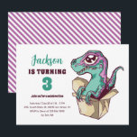 Cute Velociraptor In Box Kids Dinosaur Birthday Invitation<br><div class="desc">Cute design for kids,  boys or girls who love dinosaur,  dino cartoon,  T-rex and other dinosaur species. Perfect for Jurassic theme birthday party. You can customise the wording to fit other occasions.</div>