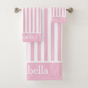 Cute Vertical Pink and White Stripes Personised Bath Towel Set