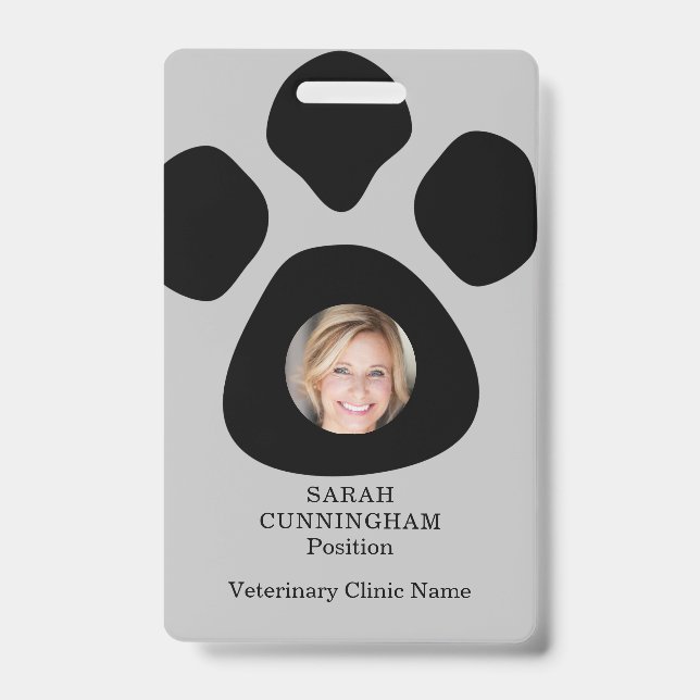 Cute Veterinarian Clinic Paw Print Photo ID Badge (Front)