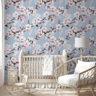 Cute Vibrant Blue Pink Cherry Blossom Chic Floral  Wallpaper