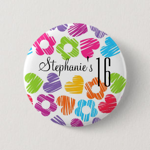 Cute vibrant flowers hearts Sweet Sixteen Button