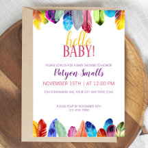 Cute Vibrant Hello Baby! Feathers Baby Shower