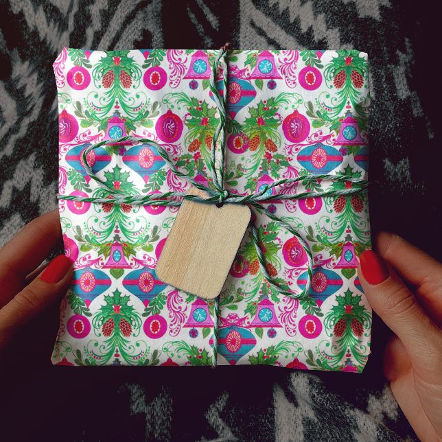 Cute vibrant pink turquoise Christmas ornaments  Wrapping Paper (Creator Uploaded)