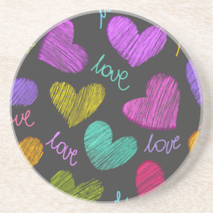 Cute Vibrant Scribbled Hearts with Love Script Coaster