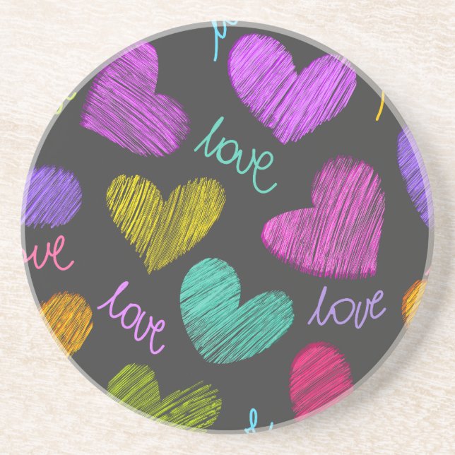 Cute Vibrant Scribbled Hearts with Love Script Coaster (Front)