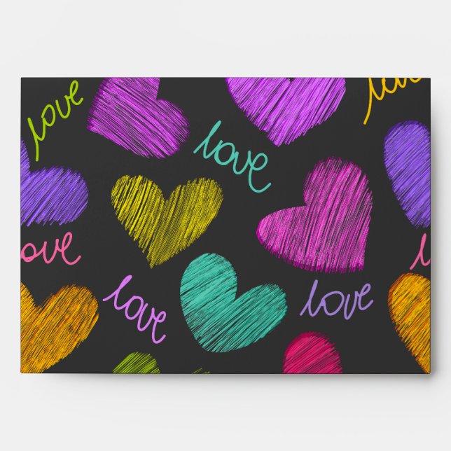 Cute Vibrant Scribbled Hearts with Love Script Envelopes (Front)