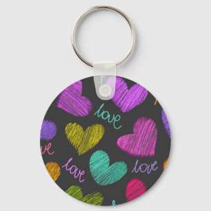 Cute Vibrant Scribbled Hearts with Love Script Key Ring