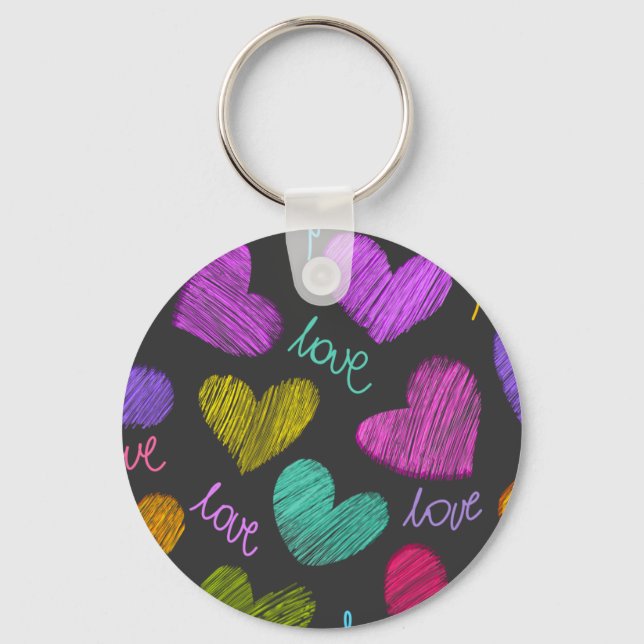 Cute Vibrant Scribbled Hearts with Love Script Key Ring (Front)