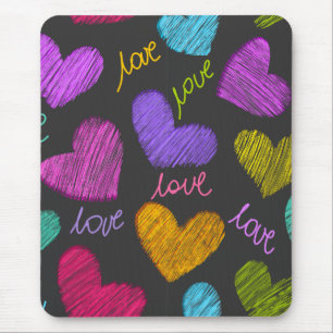 Cute Vibrant Scribbled Hearts with Love Script Mouse Pad