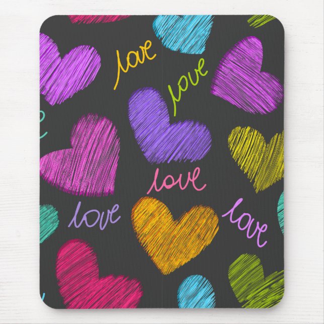 Cute Vibrant Scribbled Hearts with Love Script Mouse Pad (Front)