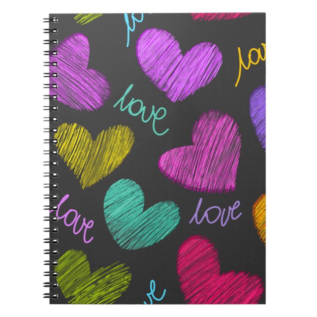Cute Vibrant Scribbled Hearts with Love Script Spiral Notebook (Front)