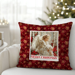 Cute Victorian Angel Red Gold Holiday Accent Xmas Cushion