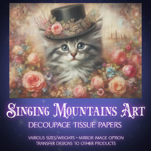 Cute Victorian Cat in Top Hat Decoupage  Tissue Paper