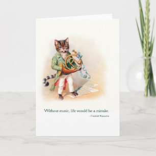 Cute Victorian Cat with French Horn - Vintage Art Card