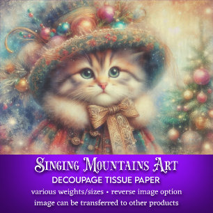 Cute Victorian Christmas Kitten and Tree Decoupage Tissue Paper