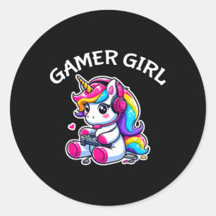 Cute Video Game Gaming Unicorn Gamer Girl 1 Classic Round Sticker