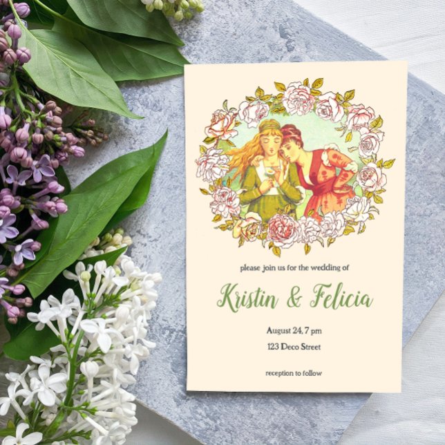 Cute Vintage Art Nouveau LGBTQ Two Brides Invitation (Creator Uploaded)