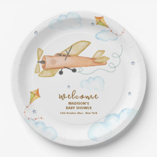 Cute Vintage Aviator Airplane Baby Shower Welcome Paper Plate