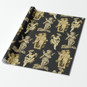 Cute Vintage Baby Cherub Cupid Angels Black Wrapping Paper