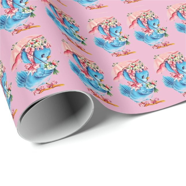 Cute Vintage Baby Shower Duck Girl Wrapping Paper (Roll Corner)