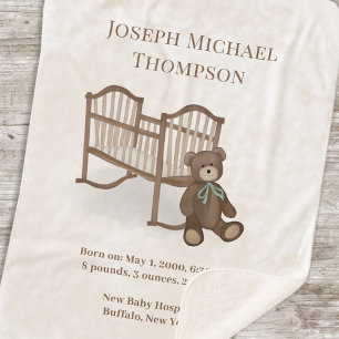 Cute Vintage Baby Stats Custom Teddy Bear Nursery Sherpa Blanket