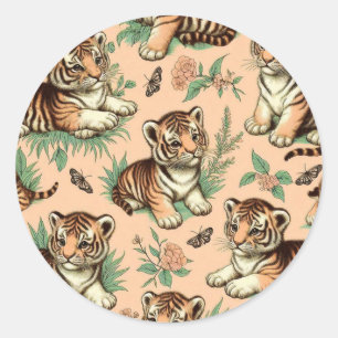 Cute Vintage Baby Tiger Pattern Classic Round Sticker
