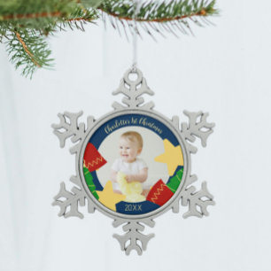Cute vintage Baby's First Christmas photo keepsake Snowflake Pewter Christmas Ornament