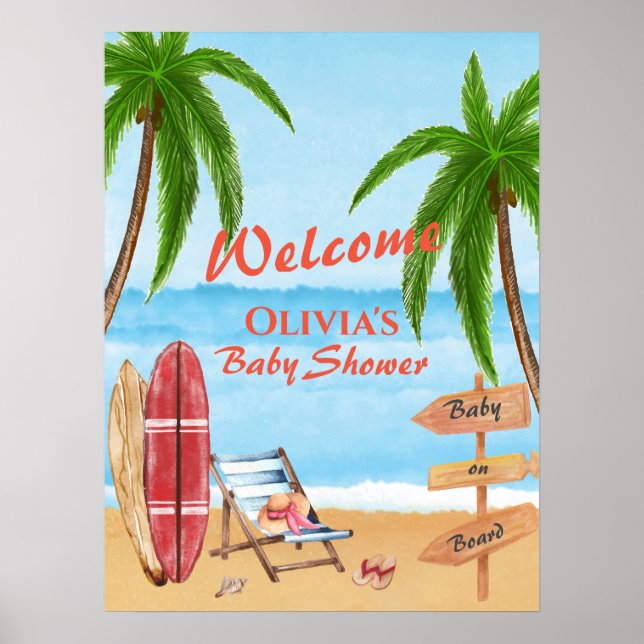 Cute Vintage Beach Surfing Baby Shower Welcome  Poster (Front)