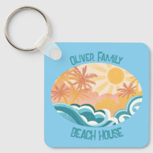 Cute Vintage Beach Waves Sunshine Blue Surfer Key Ring