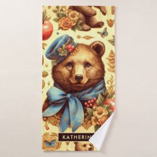 Cute Vintage Bear Watercolor Bath Towel