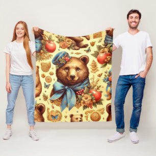 Cute Vintage Bear Watercolor Fleece Blanket