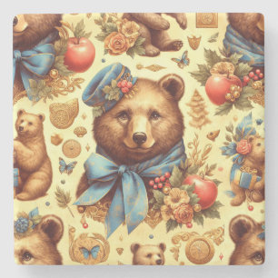 Cute Vintage Bear Watercolor Stone Coaster