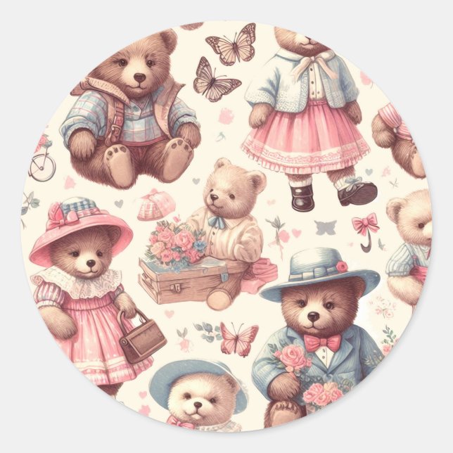 Cute Vintage Bears Seamless Classic Round Sticker (Front)