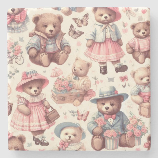 Cute Vintage Bears Seamless Stone Coaster (Front)