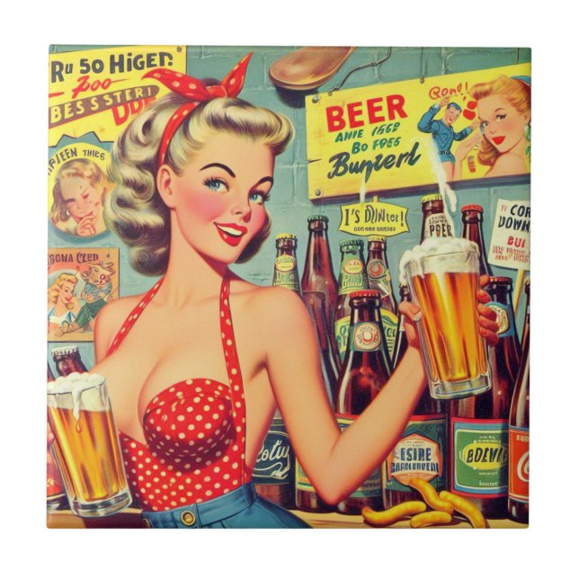 Cute Vintage Beer Pin up Tile (Front)