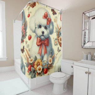 Cute Vintage Bichon Frisé Illustration Shower Curtain