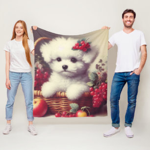 Cute Vintage Bichon Frisé Painting Fleece Blanket
